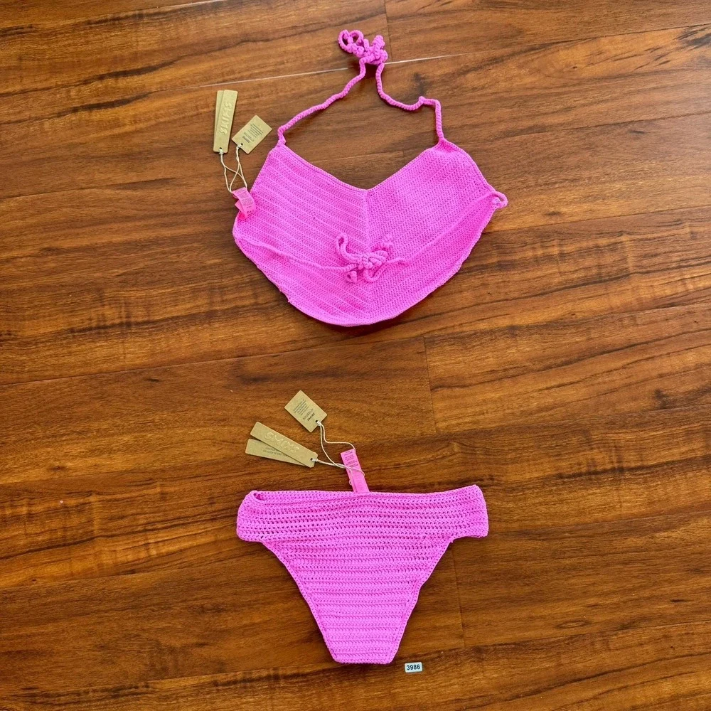 Skims Crochet Swim Bikini SET Top & Bottom Sz XXS Taffy Pink Stretch NWT